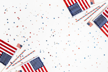 4th of July American Independence Day decorations on white background. Flat lay, top view, copy space