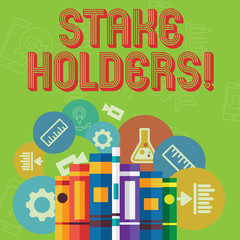 Conceptual hand writing showing Stake Holders. Concept meaning dependent party with each of those make wager deposits money Books Arranged Standing in Row with Educational Icons Behind