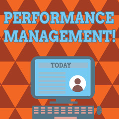 Obraz premium Conceptual hand writing showing Perforanalysisce Management. Concept meaning analysisaging Productivity Enhance Quality input Time Computer Mounted on Stand with Online Profile Data on Screen