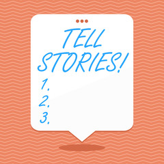 Conceptual hand writing showing Tell Stories. Concept meaning description of event or something that happened to someone White Speech Balloon Floating with Three Punched Hole on Top