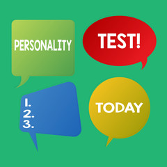 Word writing text Personality Test. Business photo showcasing method used assessing huanalysis demonstratingality constructs Blank Speech Bubble Sticker in Different Shapes and Color for Multiple Chat