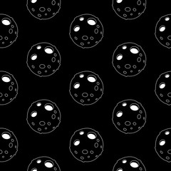 Cute cartoon moon background with cheerful moon. Funny vector black and white moon background. Seamless monochrome doodle moon background for textile, wallpapers, wrapping paper, cards and web.