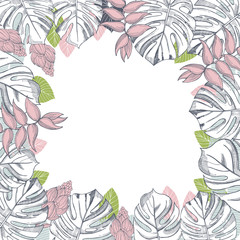 Fototapeta na wymiar Vector frame with hand drawn tropical plants. Leaves and flowers.