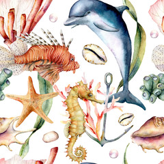 Watercolor seamless pattern with animals. Hand painted dolphin, lionfish, seahorse and anchor illustration isolated on white background. Nautical illustration for design, print and background. © yuliya_derbisheva