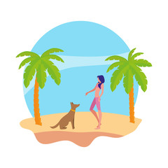 young woman with dog on the beach summer scene