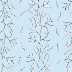 Branch with little leaves, floral hand drawn - seamless pattern on light blue background