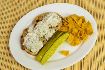 Chicken Salad on Raisin Bread with Chips and Dill Pickle