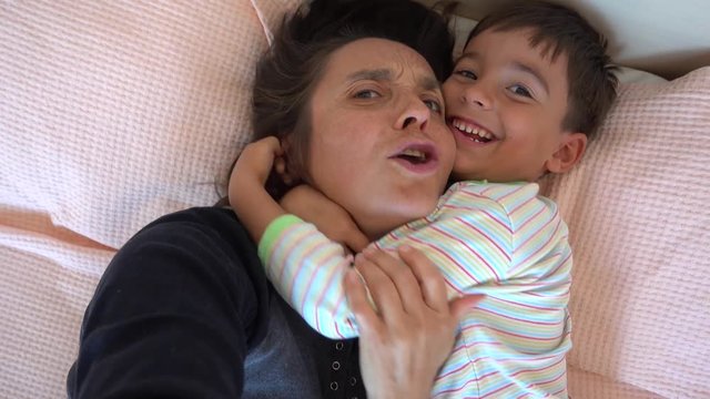 4K Selfie Son holds his mother who gives up in hysterics 