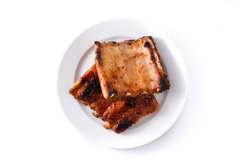 Grilled barbecue ribs isolated on white background. Top view