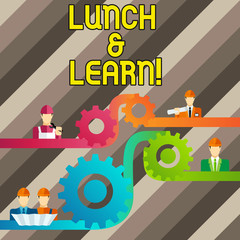 Naklejka premium Conceptual hand writing showing Lunch And Learn. Concept meaning defiend as seminar offered during free lunch to test it Cog Gear Setting Icon Connect Men from Different Character