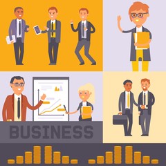 Flat people businessman banner vector illustration. Business man and woman in formal black suits shaking hands. Workers team. People standing near presentation. Earning money. Discussing projects.