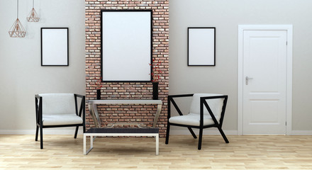 Mock up poster in modern living room with a door, 3d illustration