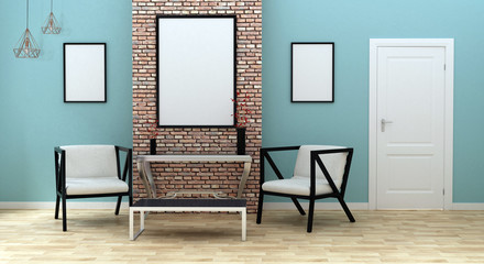 Mock up poster in modern living room with a door, 3d illustration