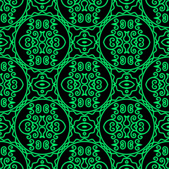Green Floral Pattern Isolated on Black Background.
