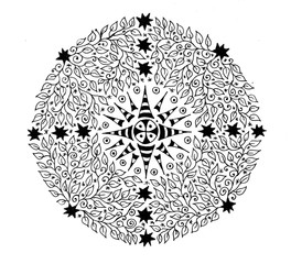 Fototapeta premium Mandala with Om / Aum / Оhm sign in the сenter. Sun and leaves pattern. Black and white graphic drawing. Mystical graphics.