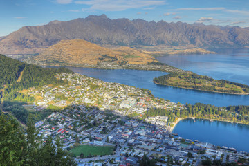 Aerial scene of town of Queenstown, New Zealand