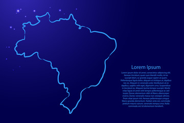 Fototapeta na wymiar Brazil map from the contour blue brush lines and glowing stars on dark background. Vector illustration.