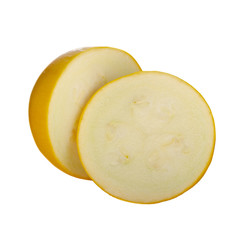 two slices of yellow zucchini isolated on white background