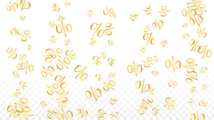Luxury Vector Gold Percentage Sign Confetti on Transparent. Percent Sale Background. Business, Economics Print. Discount Illustration. Promotion Poster. Black Friday Banner. Special offer Template.