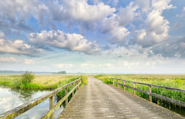Fototapeta na wymiar beautiful sky over wooden bridge in summer