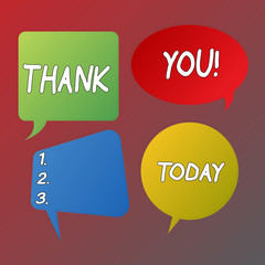 Handwriting text Thank You. Conceptual photo polite expression used when acknowledging gift service compliment Blank Speech Bubble Sticker in Different Shapes and Color for Multiple Chat