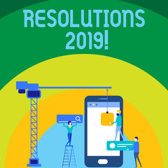 Conceptual hand writing showing Resolutions 2019. Concept meaning promise yourself to do or to not doing something this year Staff Working Together for Target Goal with SEO Process Icons