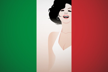 Illustration of beautiful Italian woman integrated in the flag of Italy