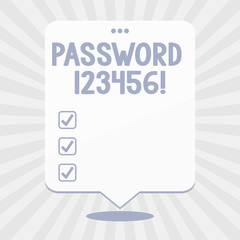 Word writing text Password 123456. Business photo showcasing secret word phrase must used gain admission to place Blank Space White Speech Balloon Floating with Three Punched Holes on Top