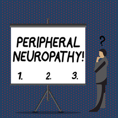 Text sign showing Peripheral Neuropathy. Business photo text condition or disease affecting the peripheral nerves Businessman with Question Mark Above his Head Standing Beside Blank Screen