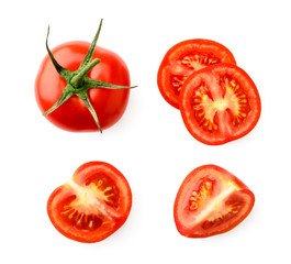 Set of red tomato, half and pieces on a white. The view of the top.