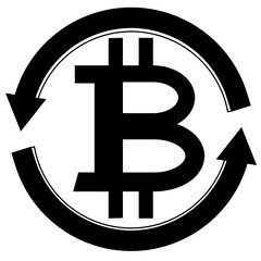 Bitcoin icon in round circle broken with arrows to denote money circulation or distribution.