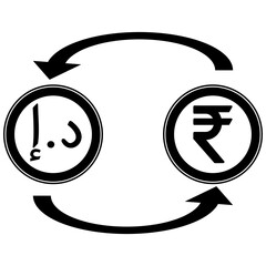 Vector graphic of UAE Dirham and the Indian Rupee icons with arrows circulating between them to denote foreign currency exchange between the two currencies.