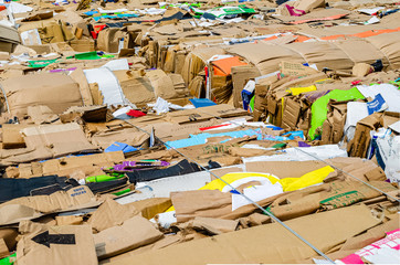 Above angled view of rows of cardboard box bundles