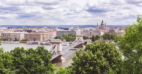 Chain bridge on Danube river in Budapest city. Hungary. Urban landscape panorama with old buildings