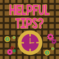 Conceptual hand writing showing Helpful Tips Question. Concept meaning secret information or advice given to be helpful knowledge Time Management Icons of Clock, Cog Wheel Gears and Dollar