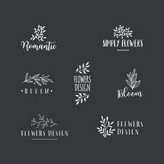 Hand drawn logo collection. Logo design with doodle flowers.