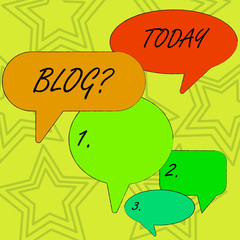 Conceptual hand writing showing Blogquestion. Concept meaning regularly updated website web page run by individual Speech Bubble in Different Sizes and Shade Group Discussion