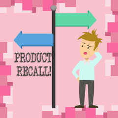Conceptual hand writing showing Product Recall. Concept meaning request analysisufacturer return product after discovery issues Man Confused with Road Sign Pointing to Opposite Direction