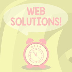 Word writing text Web Solutions. Business photo showcasing program over network and accessible through web browser Round Blank Speech Balloon in Pastel Shade and Colorful Analog Alarm Clock