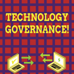 Word writing text Technology Governance. Business photo showcasing framework that provide formal structure for institute Exchange Arrow Icons Between Two Laptop with Currency Sign and Check Icons