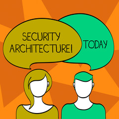 Word writing text Security Architecture. Business photo showcasing Focus on information security all over the enterprise Blank Faces of Male and Female with Colorful Blank Speech Bubble Overlaying
