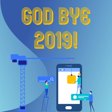 Handwriting text God Bye 2019. Conceptual photo express good wishes when parting or at the end of last year Staff Working Together for Common Target Goal with SEO Process Icons