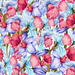 Obraz na płótnie Canvas Beautiful narcissus flowers in seamless floral pattern. Bright spring background. Watercolor painting. Hand painted botanical illustration. Wallpaper, textile, bedding design.