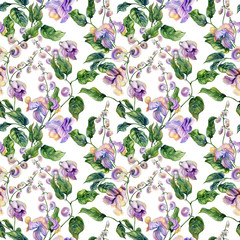 Beautiful snail vine twigs with purple flowers on white background. Seamless floral pattern. Watercolor painting. Hand painted illustration. - 274114901