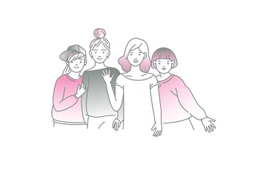 Group of smiling teenage girls, friends standing together, embracing each other, waving hands. Happy students isolated on white background. artoon vector illustration.