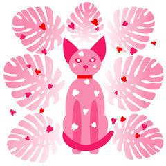 Pink transparent cat sits and looks straight ahead. A cat surrounded by butterflies of different colors and monster leaves. Neon kavayny style.