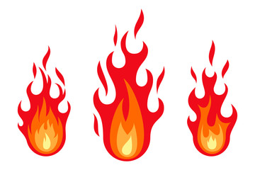 Fire flame set isolated on the white background. Different shapes flat style. Vector illustration.