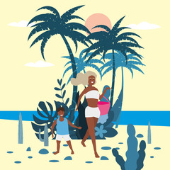 Mother with child boy in bikini with beach bag on background of exotic plants of palm sea