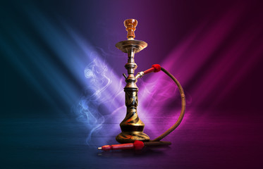 Hookah, smoke on a dark abstract background. Background of empty scenes with multicolored neon lights, reflection of night lights on wet pavement