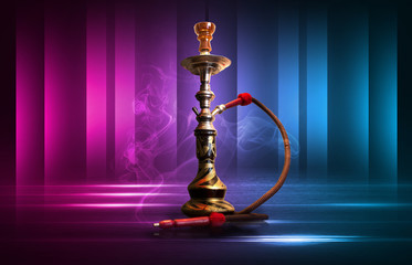 Hookah, smoke on a dark abstract background. Background of empty scenes with multicolored neon lights, reflection of night lights on wet pavement